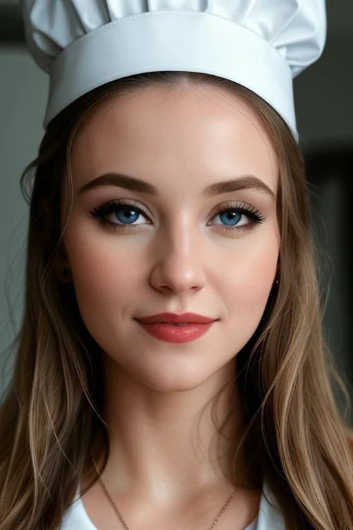 <lora:sydneysweeney-v2:0.5> , sydneysweeney, (epic)
 , photo of a woman, , ((chef hat, chef jacket, commercial kitchen)), smiling, (lipstick, blush, eye shadow), ((best quality, masterpiece, extreme details, high resolution):1.2),((detailed eyes, beautiful...