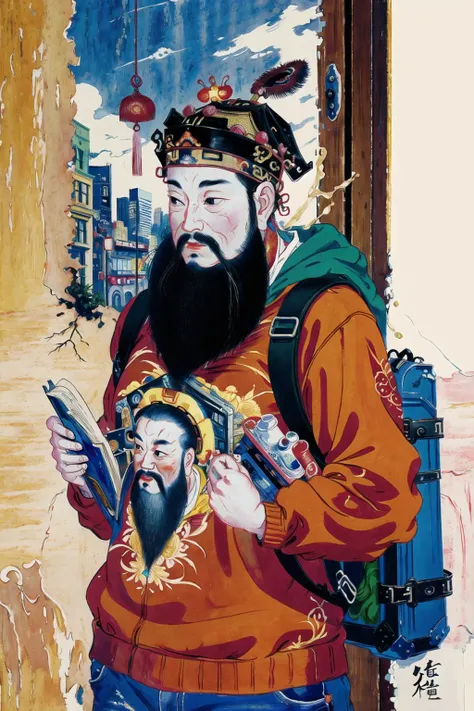 <lora:Doorgods:0.65>, chinese door gods, painting, drawing, (best quality, masterpiece), 1boy, traveler, destroyed city, upper body, dark mood, beard, backpack, jumper