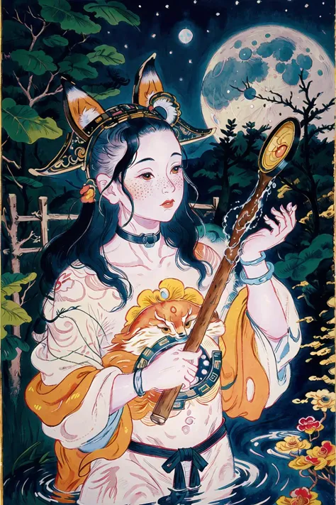 <lora:Doorgods:0.65>, chinese door gods, painting, drawing, 1girl, in water, nude, freckles, ripples, long hair, wavy hair, upper body, forest, fox ear, choker, looking at viewer, moon, night, dark photo, blurry background