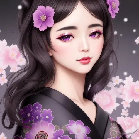 Masterpiece, 4K, beautiful,kimono, black, pink white and purple flower pattern, black kimono belt with black embroidery,woman wearing the kimono,black geisha hair,Kyoto background, bimbo, glossy, detailed background, facing the viewer,, posing for a pictur...