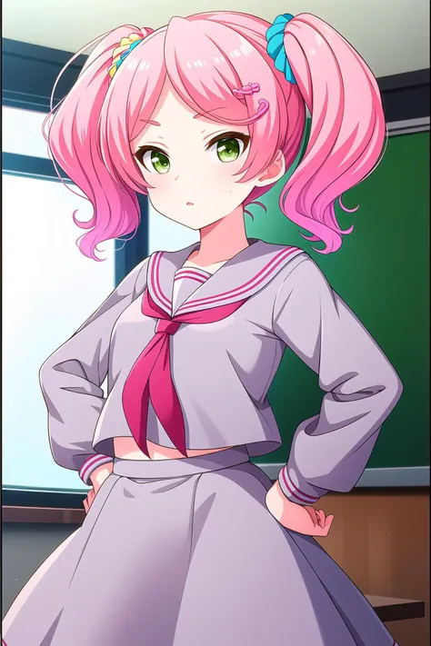 anime girl in a school uniform standing in front of a chalkboard