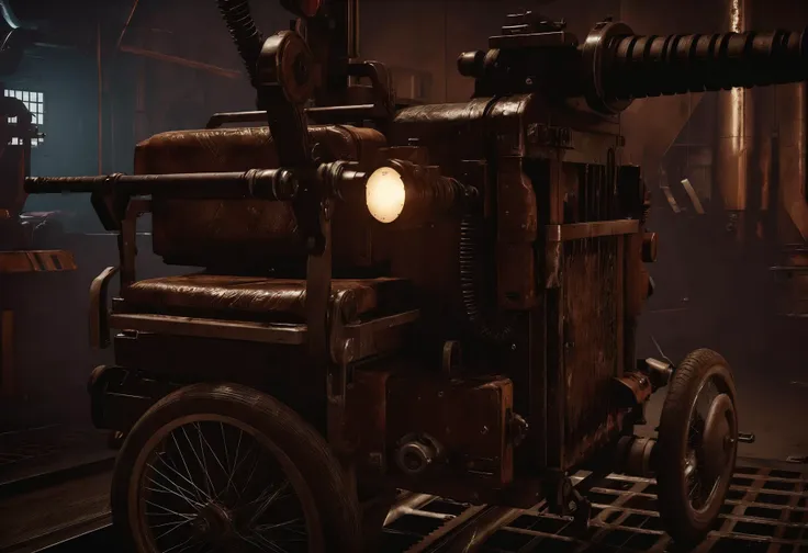 a close up of a steam engine in a dimly lit room