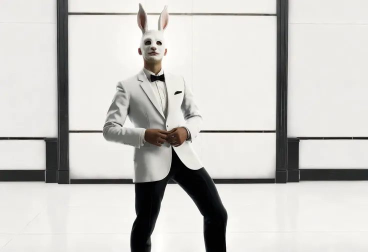 araffe in a white suit and a bunny mask standing in a room