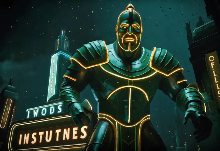 a close up of a man in a suit of armor standing in front of a neon sign