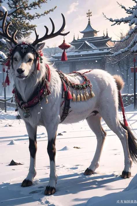 reindeer with a sleigh and bells in the snow