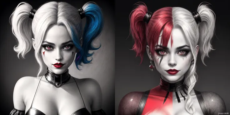 impactful paint of portrait of Harley Quinn,<lora:Disturbia:1.5>,<lora:add_detail:1>, <lora:GoodHands-vanilla:1>, <lora:harley:1>,marg0th4rl3y,  highly detailed, 8k, sharp, professional, clear, high contrast, high saturated, , vivid deep blacks, crystal cl...