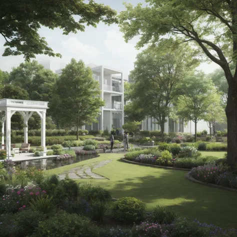 rendering of a park with a gazebo and a fountain