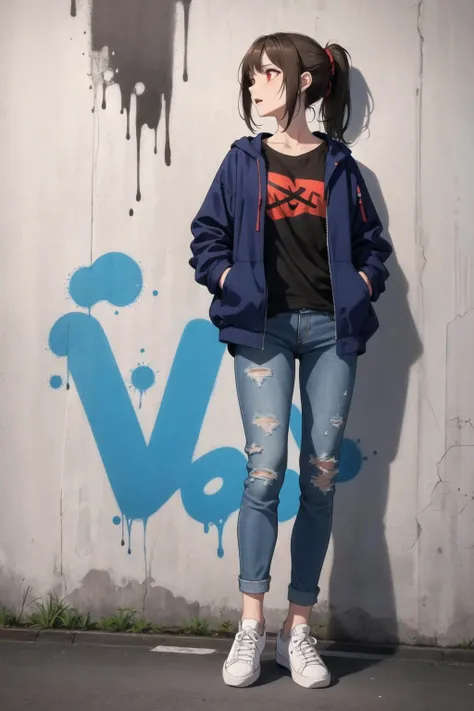 1girl, solo, brown hair, red eyes, low ponytail, t-shirt, open jacket, jeans, sneakers, standing, graffiti sprayed wall, terrified, night