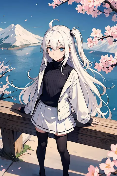 1girl, white hair, very long hair, ahoge, blue eyes, long one side up, cherry blossom trees, emotionless, white skirt, black turtleneck sweater, petite, loli, blue sky, sunny, flat chest, from above, standing, pale skin, black stockings