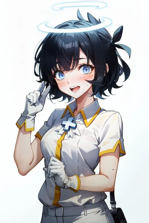 <lora:azazel:1>azazel(helltaker), hands up, 1girl, open mouth, solo, white shirt, bandages, mole, angel, halo, blue eyes, white gloves, white pants, cross, shirt, bandaged arm, single glove,gradient background, collared shirt, black hair, short sleeves, sh...