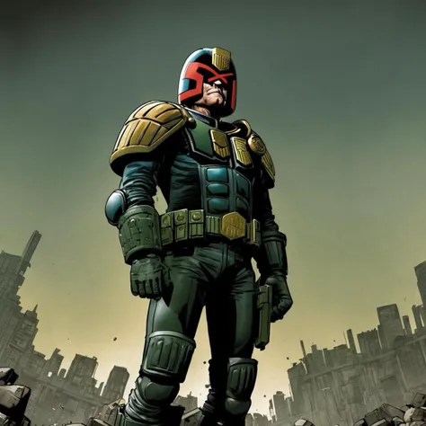 judge dredd, 2000AD style, by Garth Ennis, dark fantasy, grimdark, depressed, suicidal, standing on a precipice