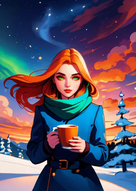 a woman in a blue coat holding a cup of coffee