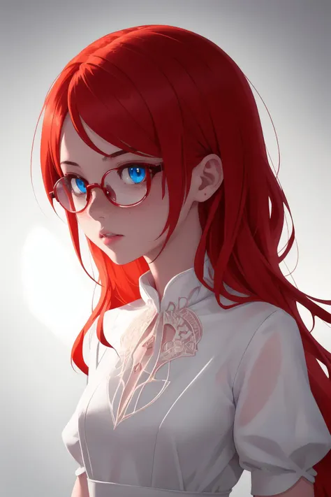 a young woman with red hair, small narrow glasses, wearing a white dress, freckles, looking at viewer, blue eyes, orange-red hair, parted lips, close-up,
(masterpiece:1.2), (best quality:1.2), newest, ai-generated, ultra-detailed, best shadow, detailed bac...