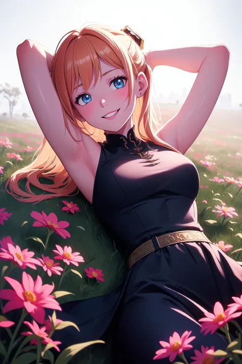 1 beautiful girl, 20yo, long red-blonde hair,  blue eyes, smile, (lies on her back in a flower meadow), her arms folded behind her head
(masterpiece:1.2), (best quality:1.2), newest, ai-generated, ultra-detailed, best shadow, detailed background, high cont...