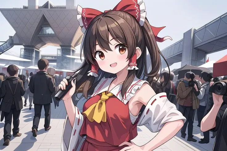 masterpiece,ultra detail,best quality,girl surrounded by photographers, <lora:TokyoBigSight:0.9>BigSight,happy,hakurei reimu,stylish pose,(girl surrounded by photographers), extremely crowd