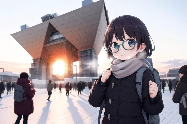 masterpiece,ultra detail,best quality,petite,girl,glasses, <lora:TokyoBigSight:0.9>BigSight,sunrise,happy,winter,winter outfit,backpack,extremely_crowd,steam,