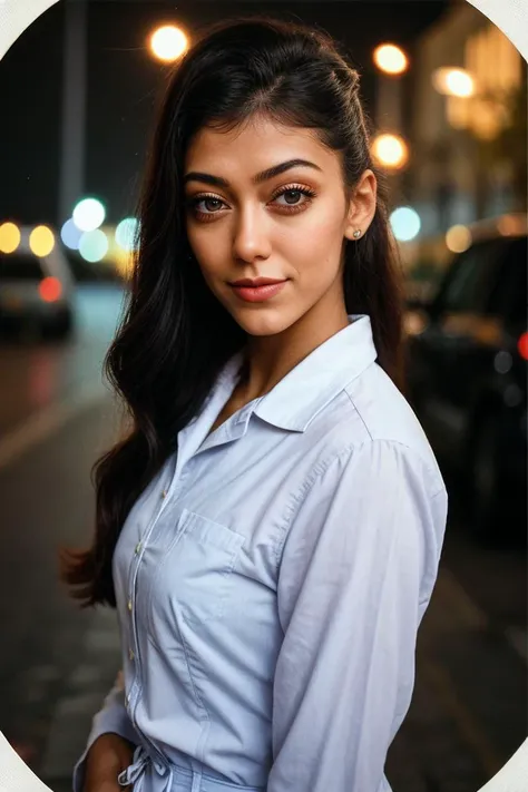 photo of (chrleyk1ttens:0.99), closeup portrait, perfect hair, hair upsweep updo, posing, (vintage photo, collared shirt), perfect skin, (Polaroid frame), 160mm f/8, 1/10s, ISO 25, ((tintype)), (analog, film, film grain:1.3), ((on a moscow street, night, g...