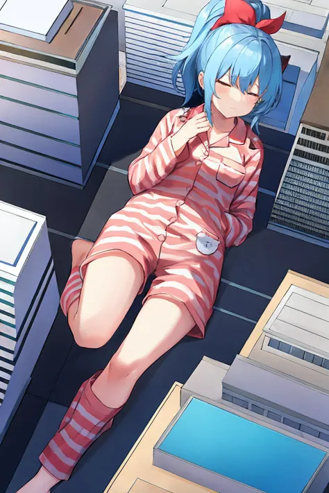 <lora:GTS:1>,1girl, sleeping, in pajamas, tired, snoring, city, medium shot, full body, ponytail, hair, gts, city, buildings, rampage, destruction