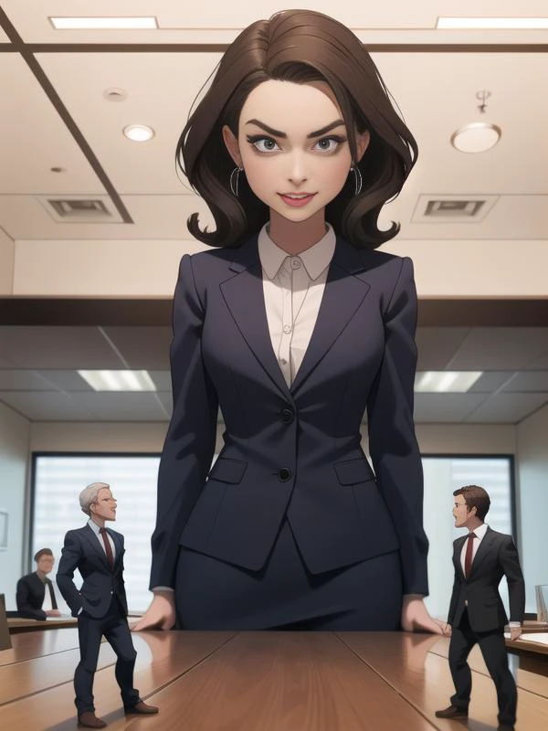 <lora:GTS:0.5> GTS, 
Professional Giantess, evil, Boardroom meeting, ((tiny men on table))