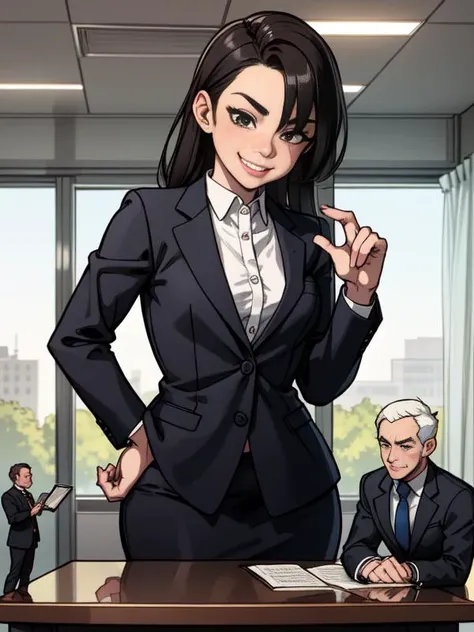 <lora:GTS:0.8> GTS, Giantess Business woman, boardroom desk, ((tiny men:1.1)) on boardroom desk, presentation, smirk