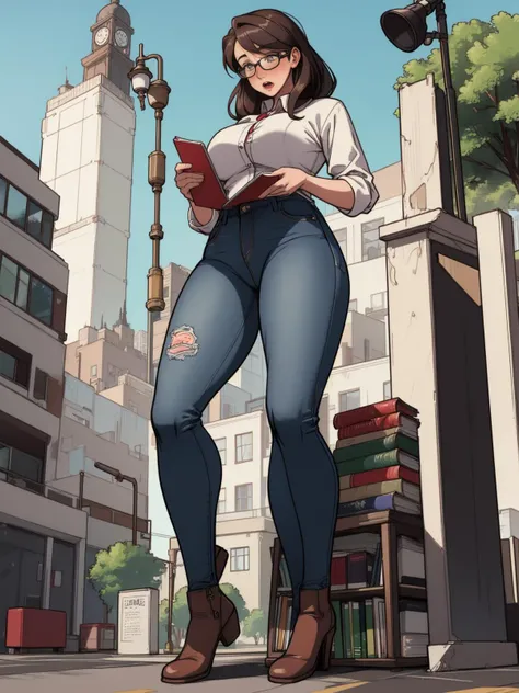 a woman in jeans and boots standing on a city street