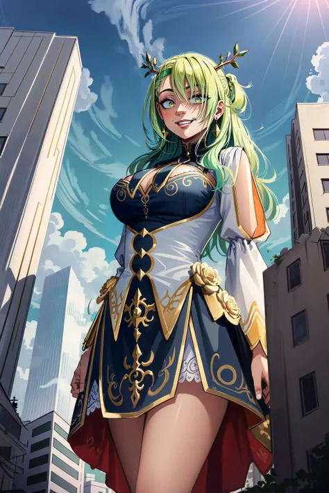 best quality, intricate details, evil grin, smirk, (mouth closed:1.3)

1girl, long hair, green hair, messy hair, gold eyes, sharp eyes, twigs, large twig like horns,


 white and black dress, gold trim, 

<lora:ceresFaunaHololive_v1:0.8> 1girl, ceres_fauna...