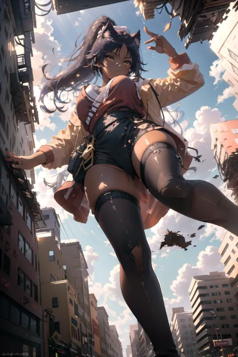 (masterpiece, best quality),  intricate details, 8k, artstation, wallpaper, official art, splash art, sharp focus, size_difference, viewed_from_below, butt, ass,
(1girl:1.4), golden_eyes, purple_hair, ponytail, large_breasts, cat_ears, cat_tail, stockings,...