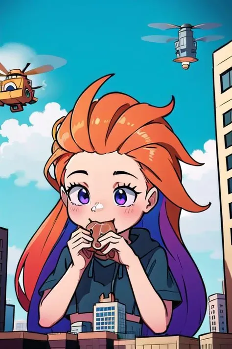 1girl, (disheveled hair),[orange hair:purple buttom hair:0.8],forehead,zoe,long hair,multicolored hair,blue and purple  eyes,child,
GTS,(city,skyscraper, mansion,, ,sawtooth, hoding_car,helicopter, airplane,building, ),eating_meat,