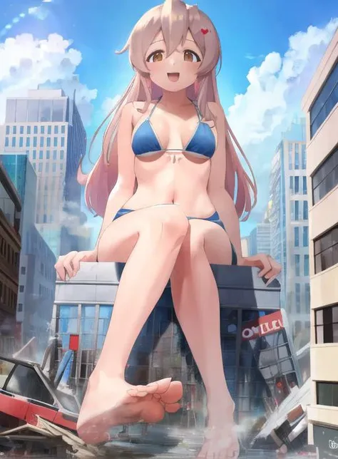 (masterpiece, high res, best quality, 8k):1.4, 1girl, OYAMAMAHIRO, happy, barefoot, bikini, <lora:onimai-cs1-dim8-4-loha:0.7>, <lora:GTS:1> , giantess, gts, Rampage, city, BuildingSeat