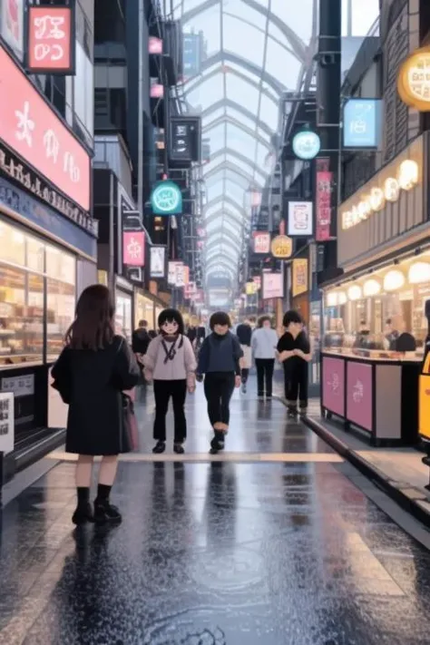 people walking down a wet street in a shopping mall