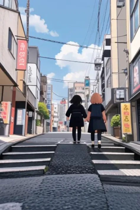 anime characters walking down a street in a city