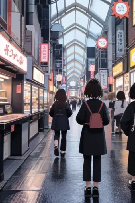 people walking down a street in a shopping mall with a lot of signs