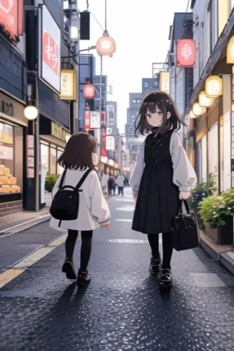 anime girl walking down the street with a backpack and a purse