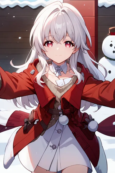 1girl, clara \(honkai: star rail\), solo, cowboy shot, looking at viewer, red coat, white dress, detached collar, sweater, snow,...