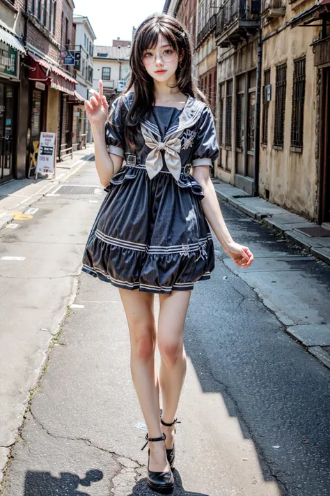 araffe girl in a black dress and heels walking down a street