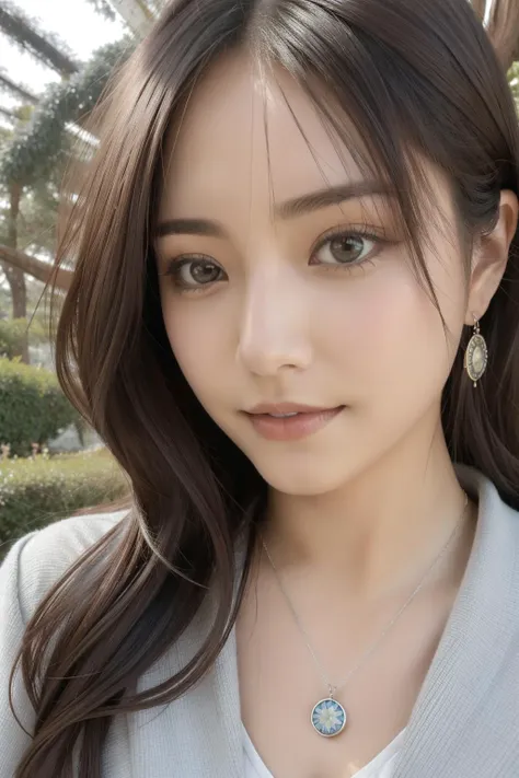 a close up of a woman with long hair wearing a necklace