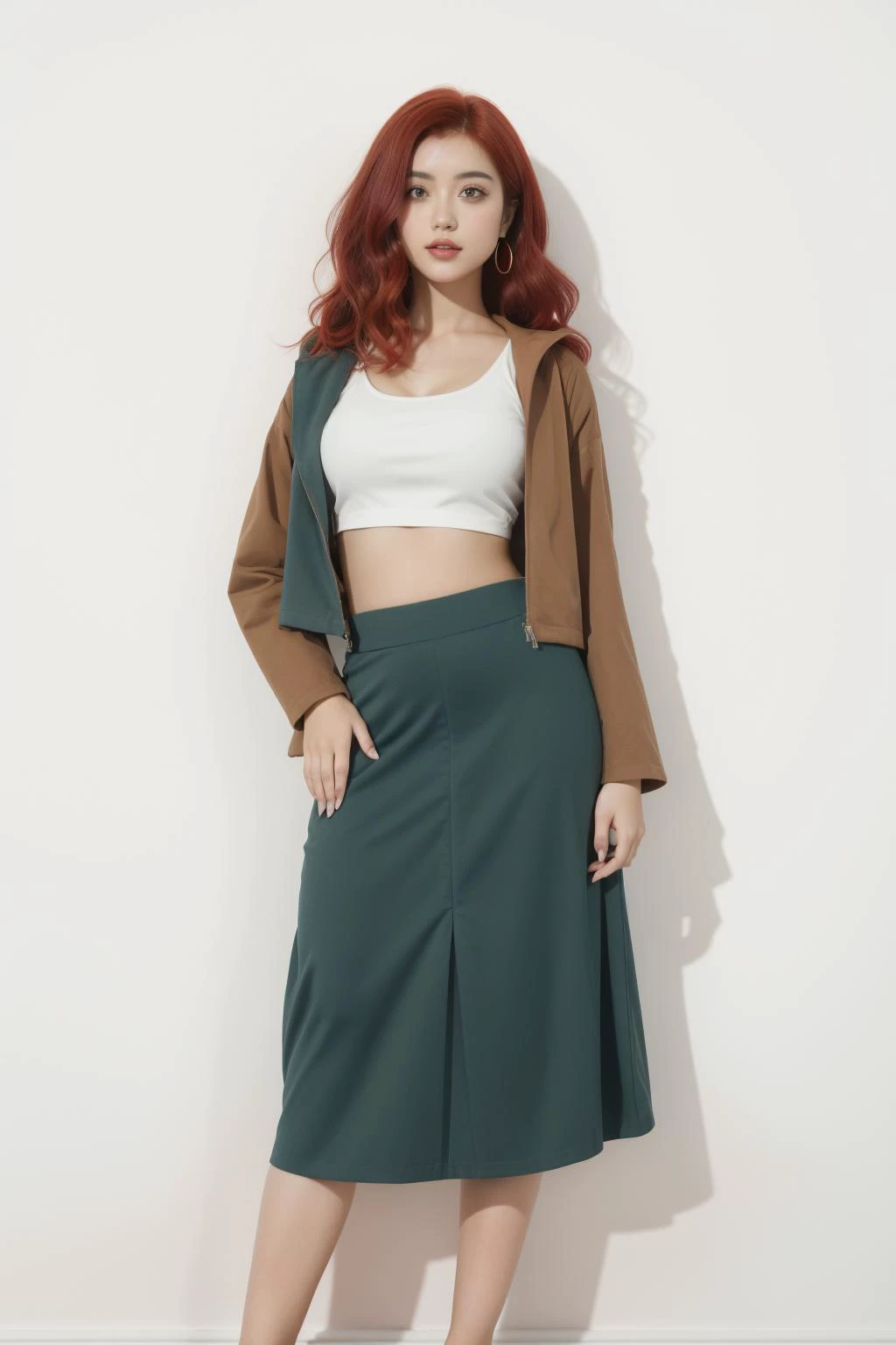 a woman in a green skirt and white top standing against a wall