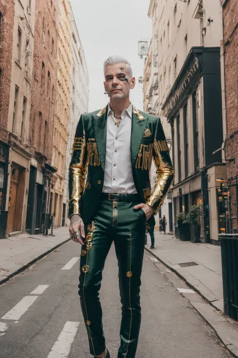 a man in a green suit and gold pants standing on a street