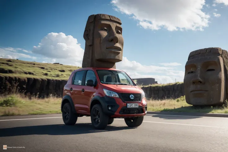 a red van driving down a road next to a large statue