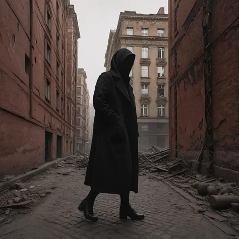 arafed man in a black coat and hood walking down a street