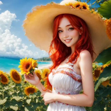 Beautiful girl, Red-haired, Dressed in a white sundress with sunflowers, Smile, Detailed beautiful face, Wide brim hat, European appearance, Whole body, (Tropical jungle background:1.2), On the seashore, Bright sunny day, Shaefr, 8 to resolution, hdr, High...