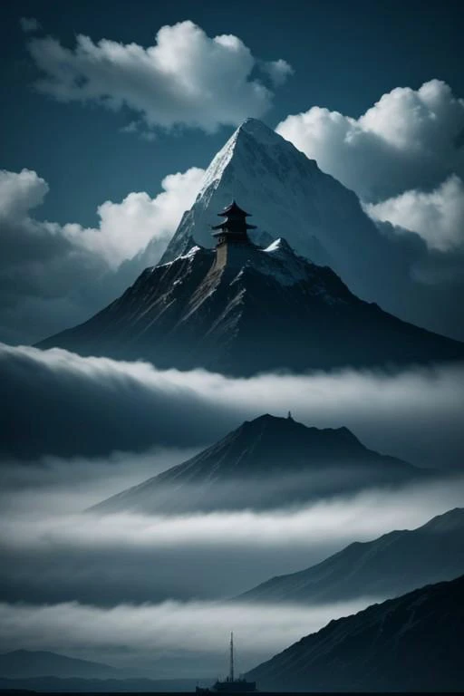 "Serene Sail" - Title: "Temple in the Sky"
Minimalist ink sketch, double exposure effect, featuring a small Buddhist temple nestled high among mountain peaks and glaciers, while a mystical sailboat with a solitary sail glides through vast cumulus clouds, s...