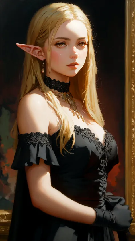 a young teen ((elf)) girl wearing medieval decorative ((black gown)), long golden ((blonde hair)), (cute angelic face), ((detailed face)), modelshoot style, wearing choker and necklace, wearing ((opera)) (gloves), (high heels), (extremely detailed CG unity...