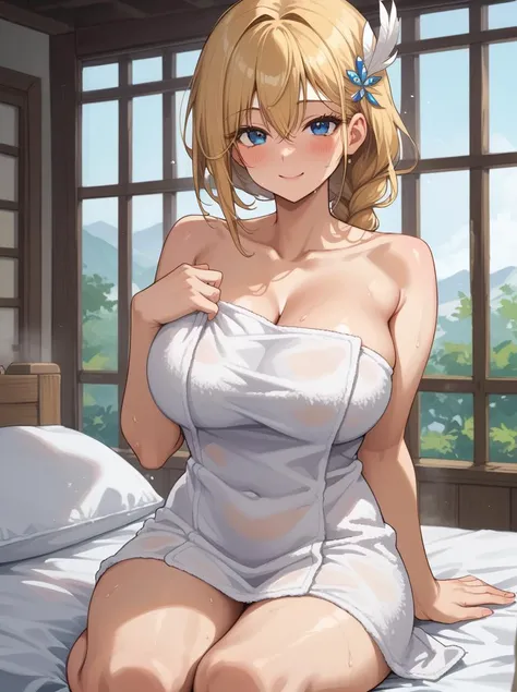 zPDXL, score_9, score_8_up, score_7_up, best quality, source anime, rating explicit, 
<lora:SCSophitiaAlexandra:1>, SophiSC4, blonde hair, blue eyes, feather hair ornament,  low-tied long hair, single braid, huge breasts, (naked towel), white towel, fluffy...