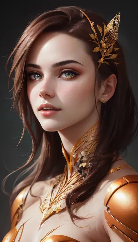 8k portrait of beautiful cyborg with brown hair, mecha musume scifi body suit, intricate, elegant, highly detailed, majestic, digital photography, art by artgerm and ruan jia and greg rutkowski surreal painting reflective filigree, golden bay leaf crown je...