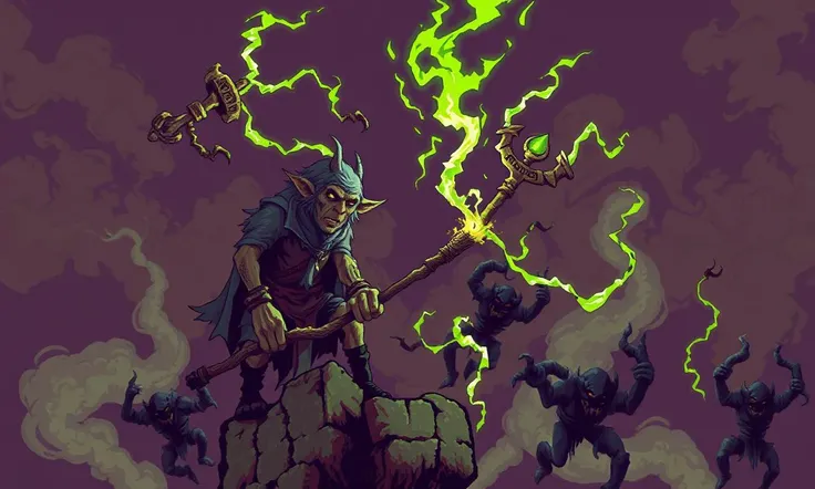 Glitchcore Art Style, retro game art pixel-art. In a medieval setting.
A goblin sorcerer stands atop a crumbling stone altar, its staff crackling with sickly green energy. The twisted runes carved into the staff glow faintly as it summons dark magic, conju...