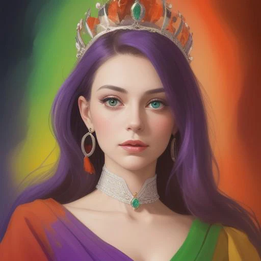 Portrait of a beautiful Queen.
Orange, red, green,  purple colors only.