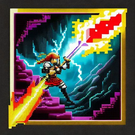 8-bit pixel, fantasy style card art, with a lightning texture effect, painted with an electric sword, slashing action