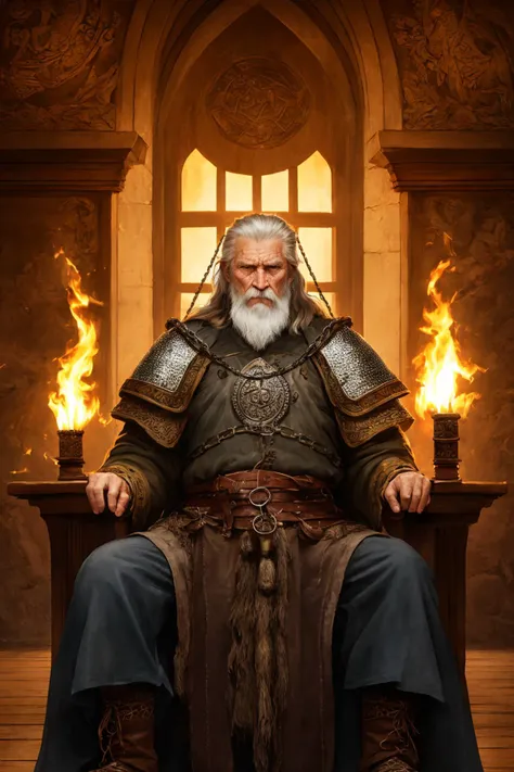 Highest quality, masterpiece, photorealistic, medium shot, RAW photo, of (a weary-looking but still proud and fierce-looking old Viking warrior, now the leader of his village, dressed in elaborately detailed chain mail and leather armour, sitting on a carv...