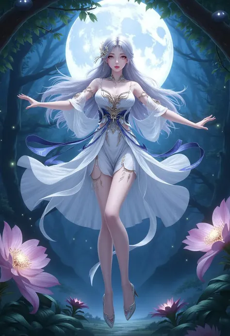 This is a highly detailed digital illustration in a fantasy art style, featuring a female character with an ethereal, otherworldly appearance. She has long, flowing silver hair that cascades down her back, adorned with a delicate, glittering headpiece rese...